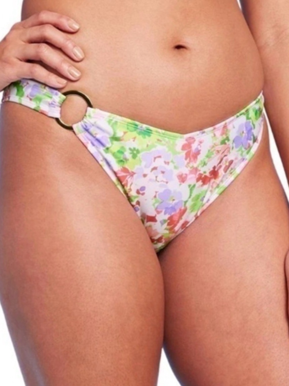 Shade & Shore Floral Bikini Bottoms Medium 8-10 Ring Detail